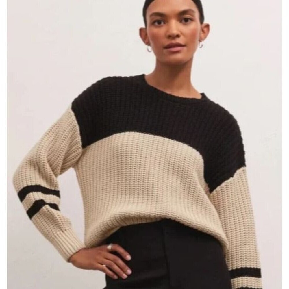 Z Supply Sweater Womens Small Beige Black Colorblock Stripe Knit Crew Pullover